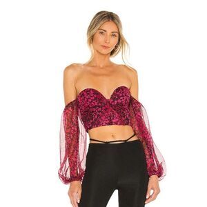 NBD Cara Long Sleeve Crop Criss Cross Sheer Long Sleeve Top in Black Pink SZ M